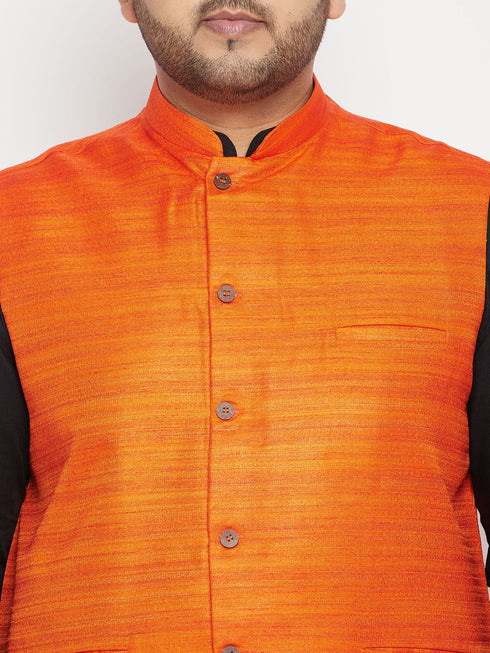 Vastramay PLUS Men's Black And White Pyjama Set With Orange Nehru Jacket Set